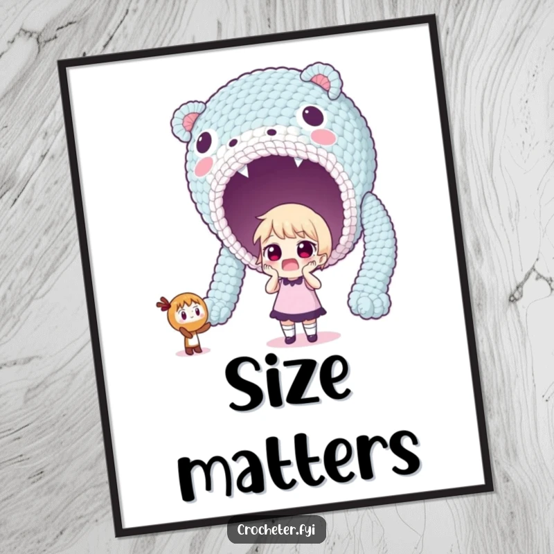 Funny digital art of a surprised character looking in amazement at a gigantic, unexpectedly large crocheted creation.