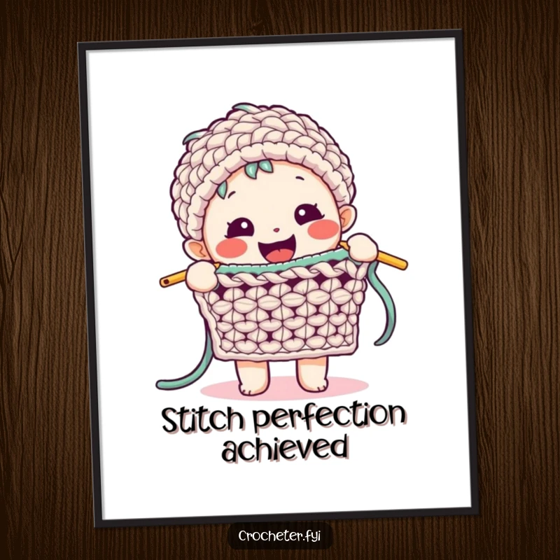Funny Crochet Digital Art: A happy character enthusiastically demonstrates a complex crochet stitch, a vibrant and inspiring digital art piece.