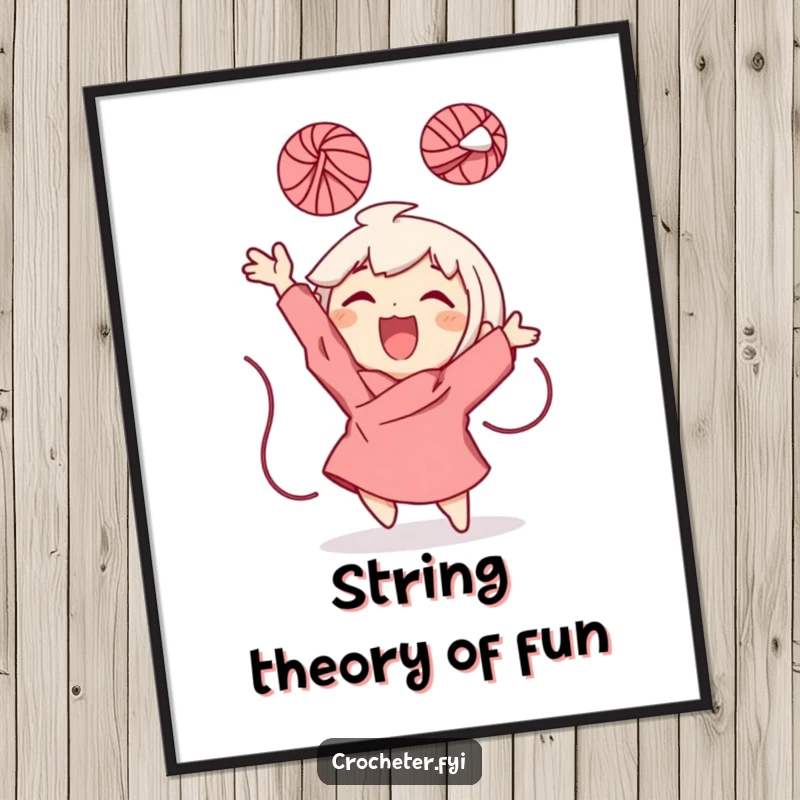 Funny Digital Art Print: Character gleefully throwing a ball of yarn into the air, instantly downloadable playful joy.