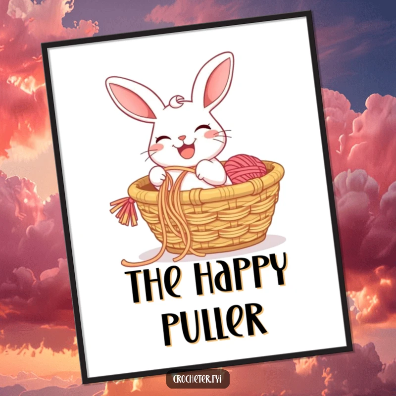 Funny digital art print of a grinning rabbit pulling a long string of yarn, bringing charming cartoon energy to any space.