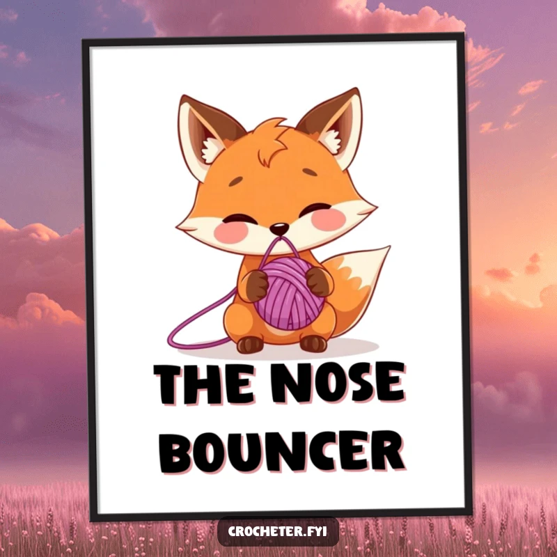 Funny digital art print of a mischievous fox balancing a ball of yarn on its nose, bringing playful cartoon energy.