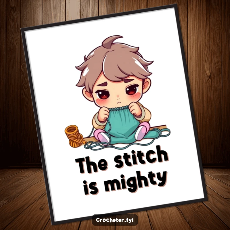 Funny digital art print of a determined character meticulously counting knitting stitches, adding humorous wall decor.