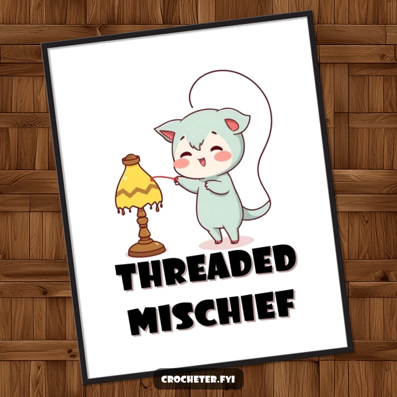 Funny digital art, mischievous character looping thread around a lamp, humorous wall decor.