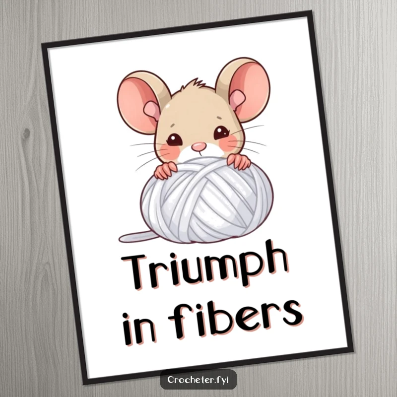Funny digital art print of a triumphant mouse peeking from behind a yarn ball, celebrating crafting achievements with humor.