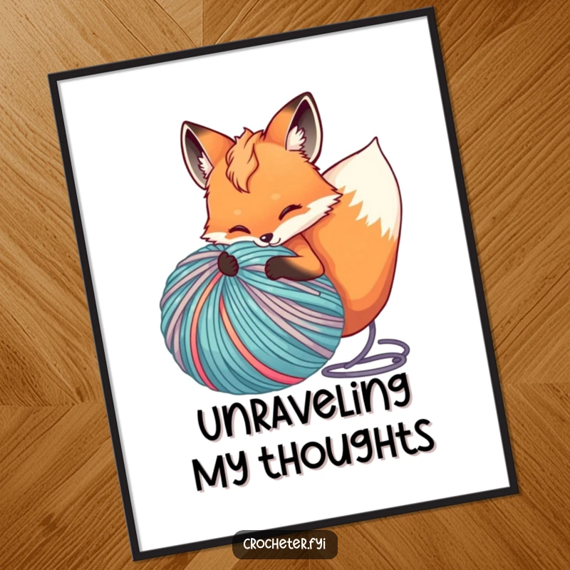Funny digital art print of a playful fox unravelling a giant ball of vibrant yarn, adding humorous charm to any wall.