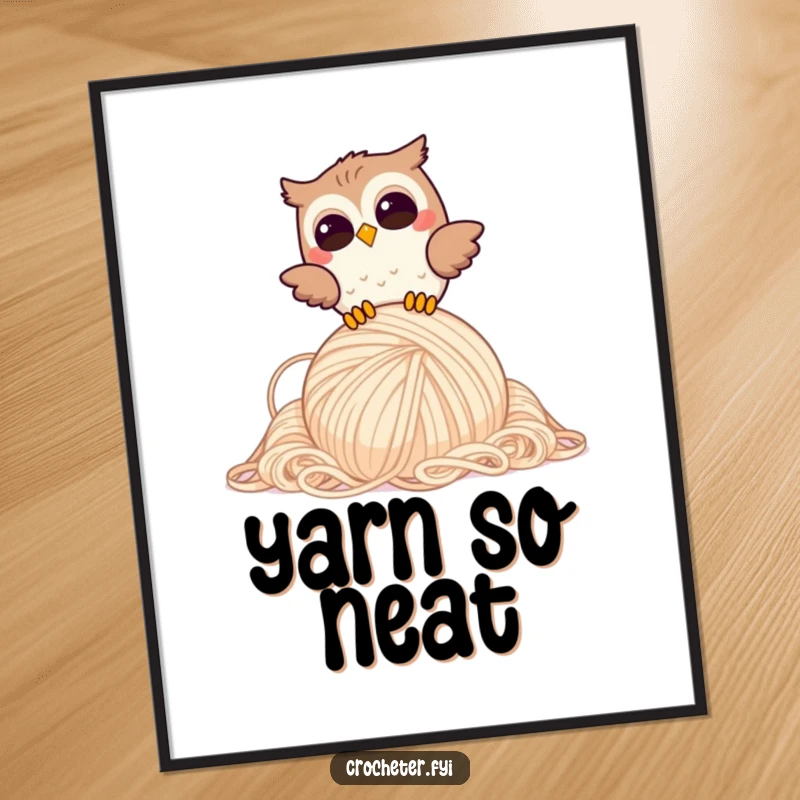 Funny Giggling Owl Digital Art Print: Joyful owl humorously drops a large yarn ball, a printable funny gift.