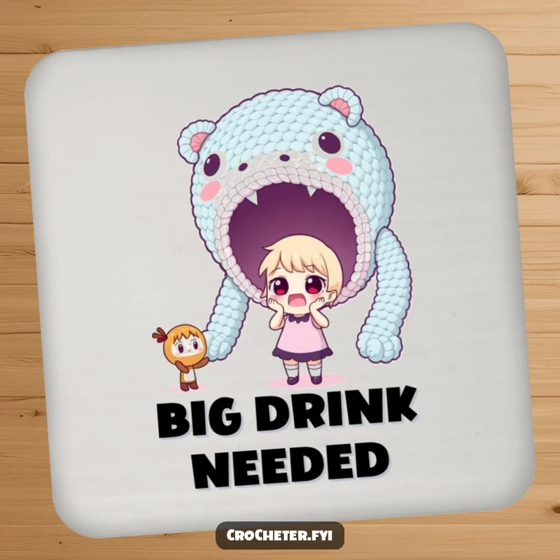 Funny drink coaster featuring a surprised character looking at a giant, unexpectedly large crocheted creation.