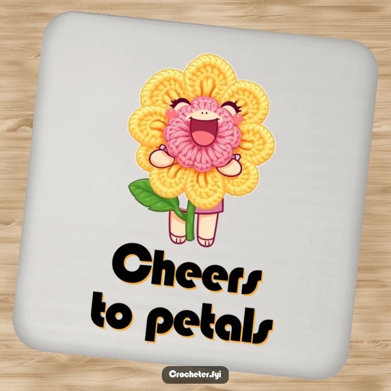 Funny Coaster: A joyful character proudly displays a perfect crochet flower, protecting surfaces with handmade charm.