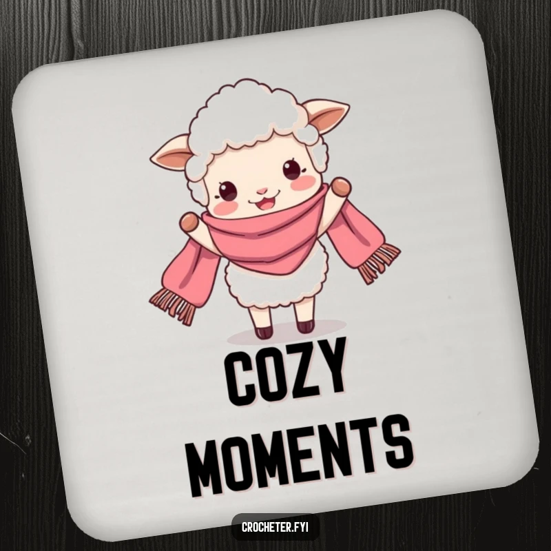 Funny perky sheep beaming while holding a very long scarf, a humorous drink coaster for tabletops.