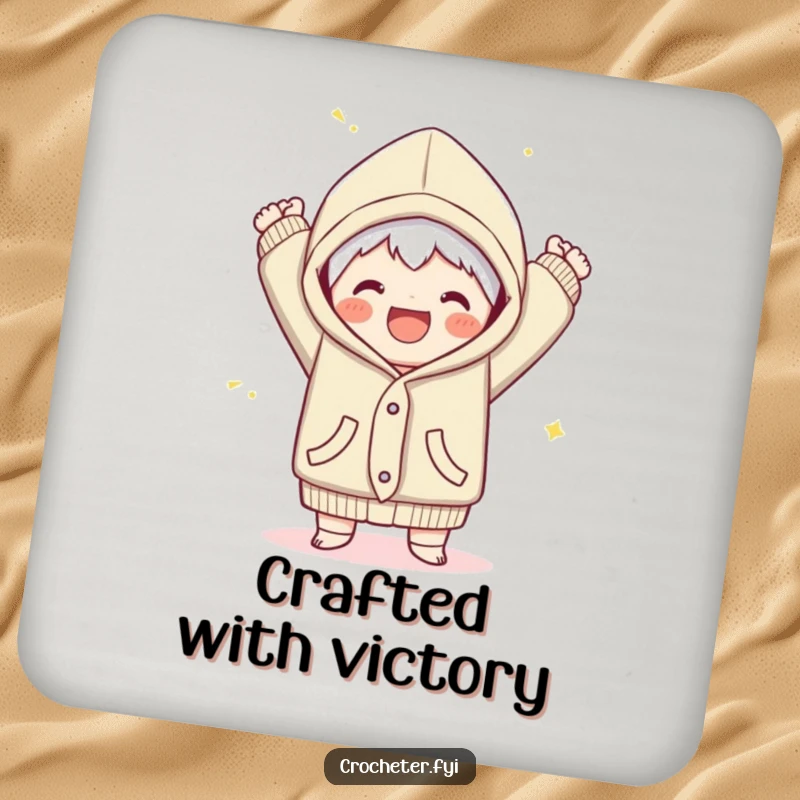 Funny drink coaster showing a joyful character triumphantly finishing a cozy garment, a celebratory accessory for tables.