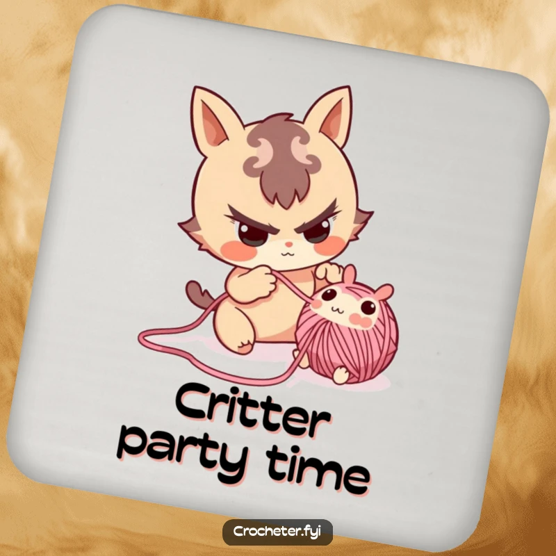 Funny drink coaster featuring a mischievous character playfully pulling a small yarn critter from a project.