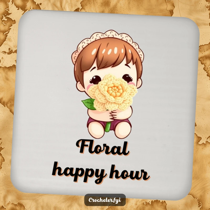Funny drink coaster featuring a content character holding a perfectly crocheted flower, adding a decorative touch.