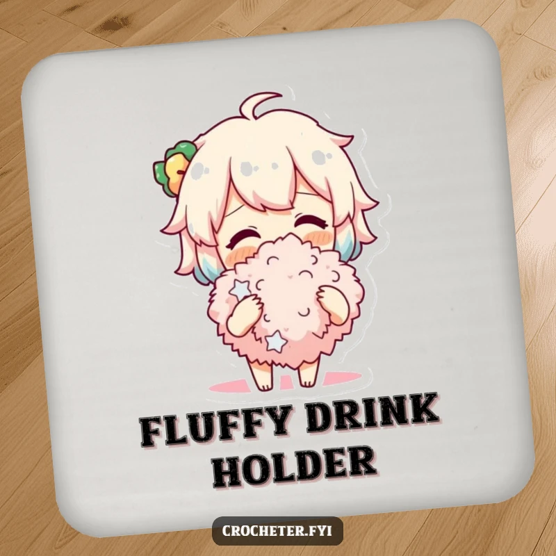 Funny Coaster with a cheerful character lovingly admiring a fluffy pompom, adding a touch of crafting joy to any table.