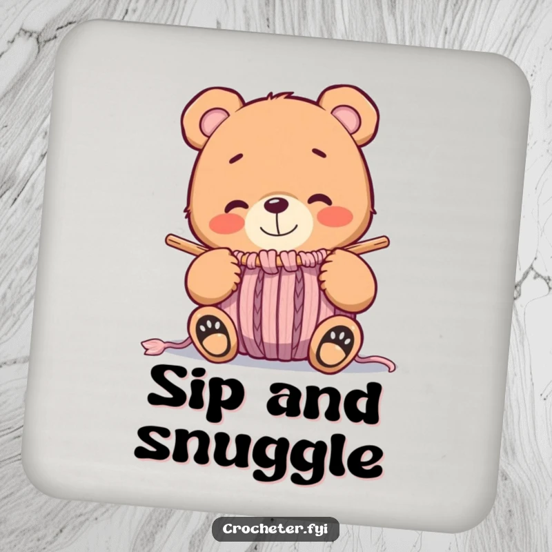 Funny whimsical bear smiling at a nearly finished knitted item, a humorous drink coaster for tabletops.