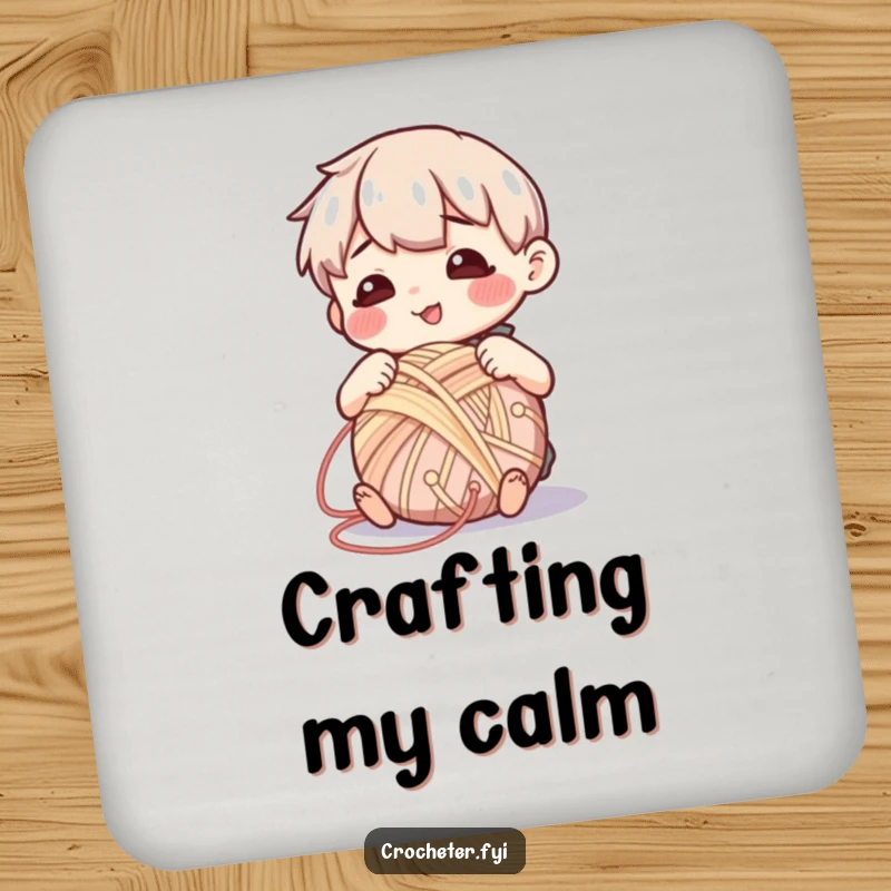 Funny drink coaster showing a contented character peacefully winding yarn into a perfect ball, a serene accessory for tables.