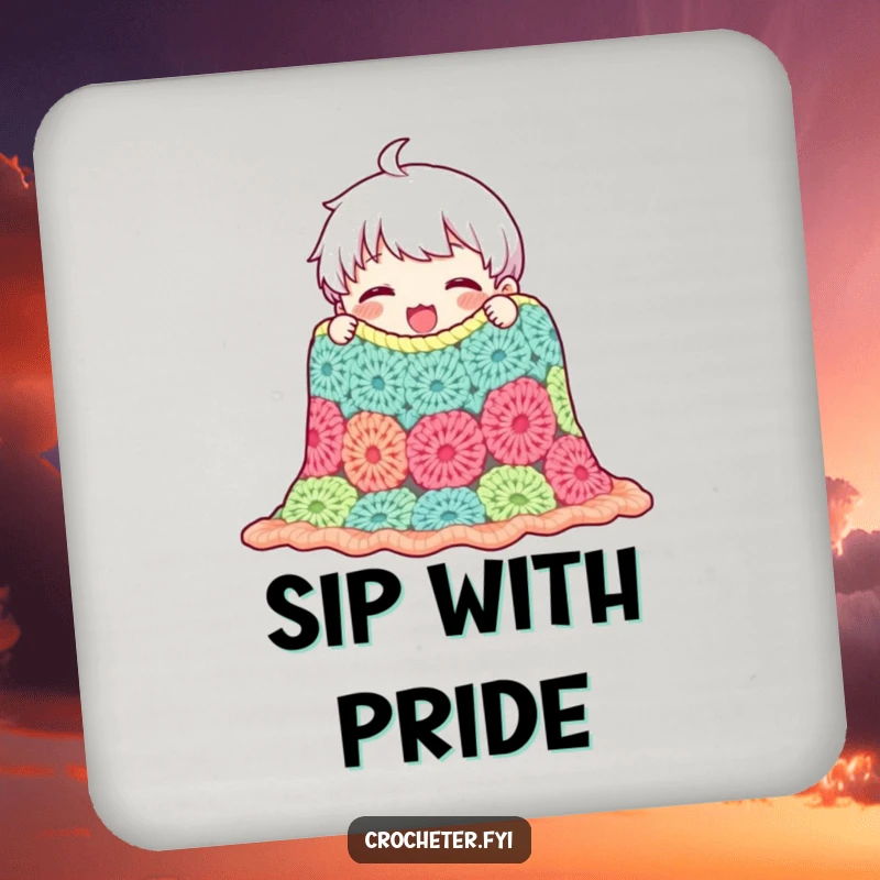 Funny coaster featuring a content character admiring a crocheted blanket, offering surface protection with a dose of handmade charm.