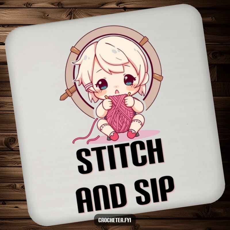 Funny drink coaster with a focused character carefully threading yarn through a needle's eye, protects surfaces precisely.