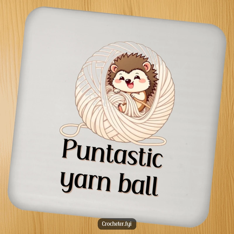 Funny hedgehog drink coaster, showing a hedgehog rolling happily in a giant ball of yarn, a cute table accessory.