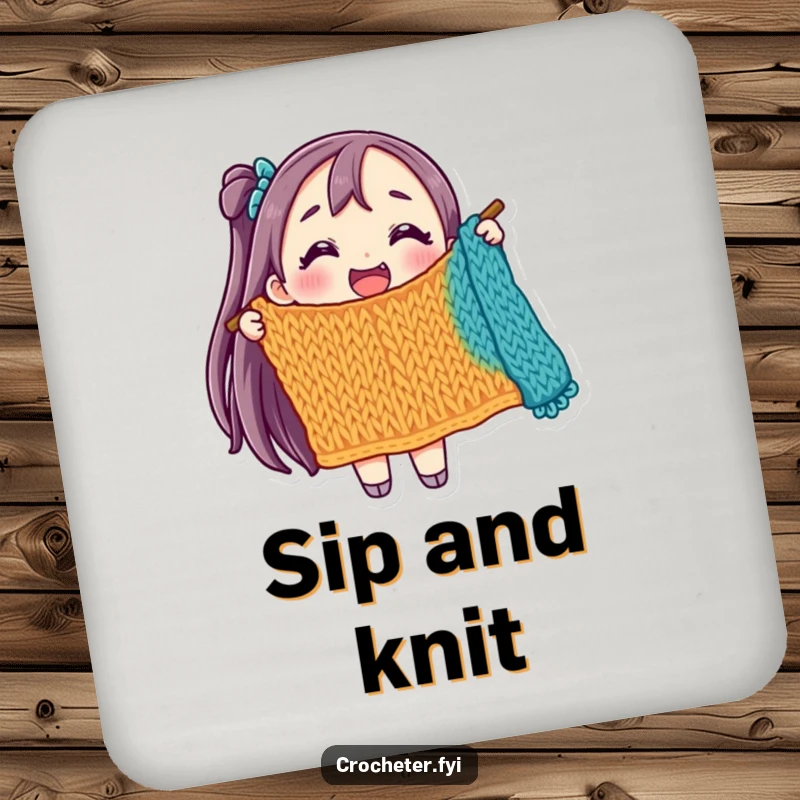 Funny drink coaster with a joyful character holding a colorful, unfinished knitted item, adds cheer to any surface.