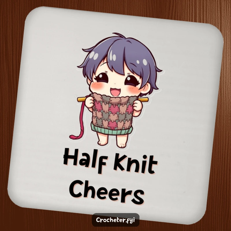 Funny drink coaster featuring a happy character proudly displaying a colorful, half-finished knitted item, adding crafting pride.