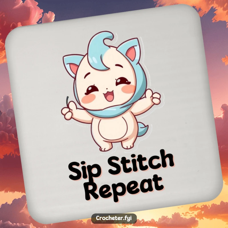 Funny drink coaster with a happy character proudly displaying a perfect knitting stitch, protecting surfaces with joy.