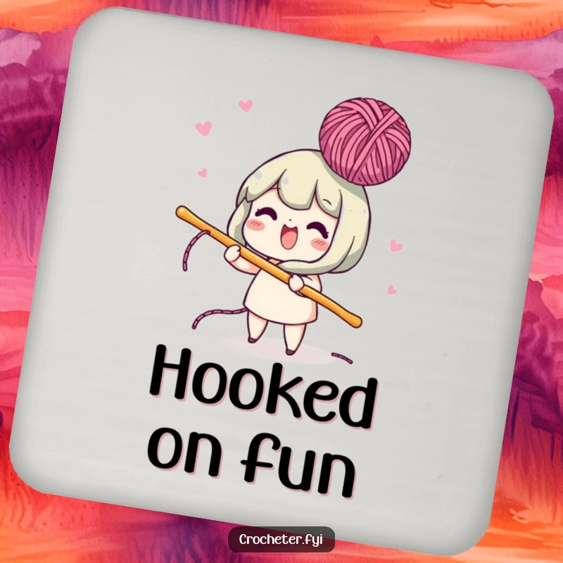 Funny drink coaster showing a lively character using a crochet hook to bob yarn in the air, a playful accessory for tables.