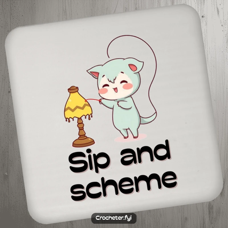 Funny coaster, mischievous character looping thread around a lamp, humorous protection for drink surfaces.