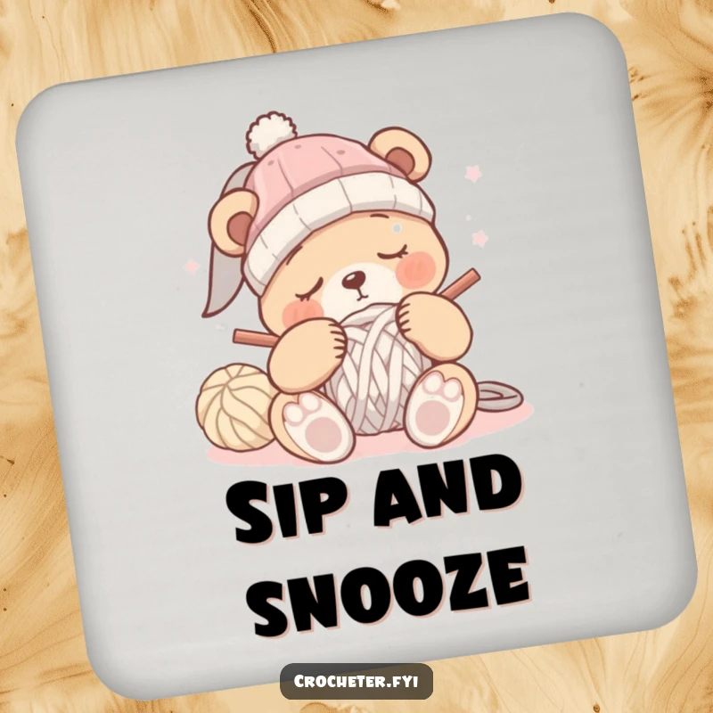 Funny sleepy bear crochet coaster with a bear dozing off while trying to crochet a hat, protecting surfaces.