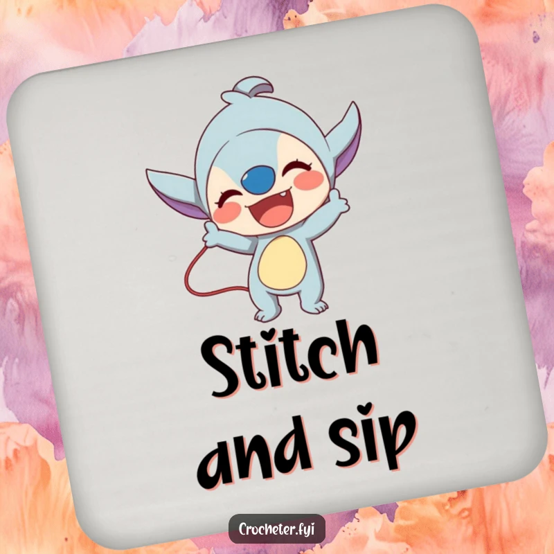 Funny drink coaster featuring a lively character demonstrating a complex stitch technique, adding flair.