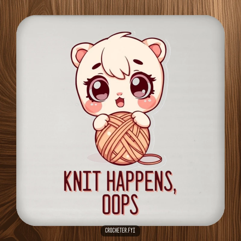 Funny drink coaster showing a surprised character fumbling a ball of yarn, a humorous accessory for coffee tables.