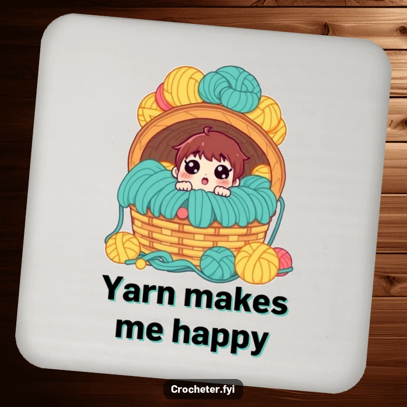 Funny coaster, surprised character with a massive yarn basket, humorous protection for tables.