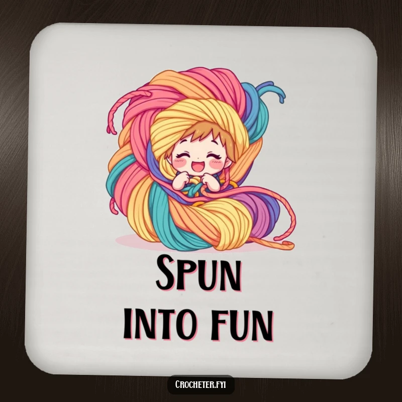 Funny Coaster: A giggling character is hilariously tangled in a huge, colorful yarn creation, offering protection and humor.