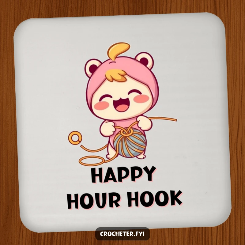 Funny coaster featuring a cheerful character enthusiastically crocheting, pulling yarn through a loop with a hook, perfect for protecting surfaces.