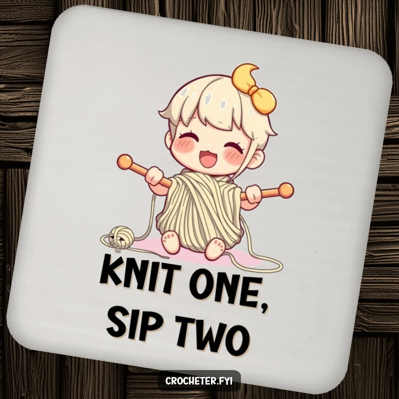 Funny drink coaster featuring a happy character enthusiastically knitting, a humorous and functional accessory.