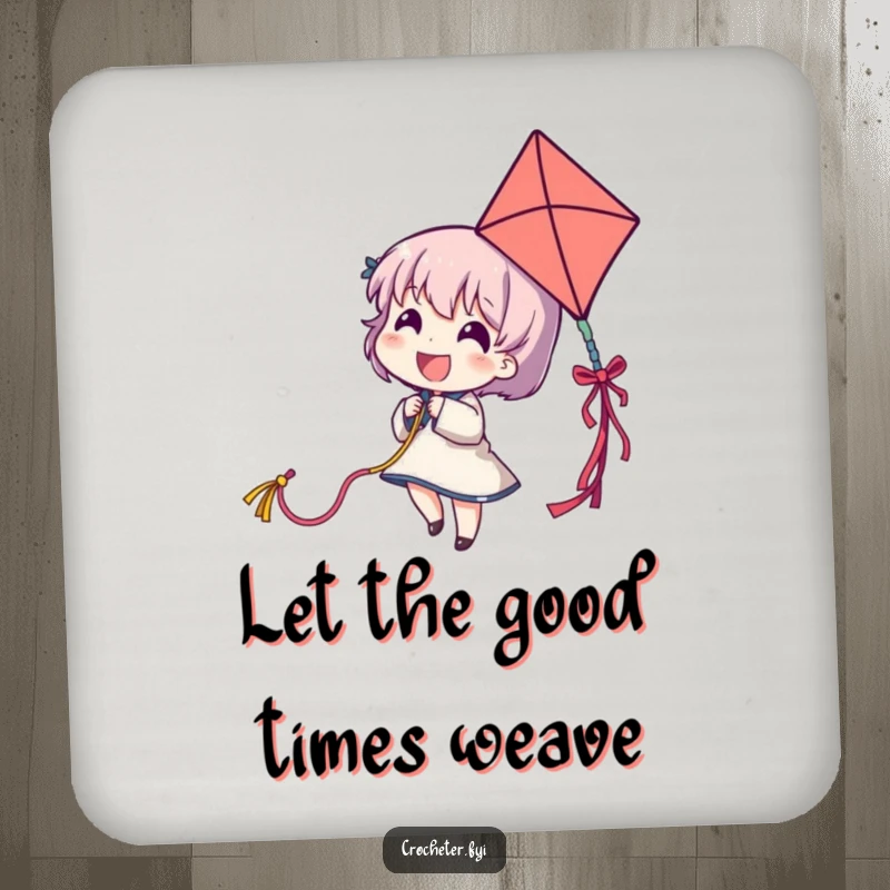 Funny coaster showing a delighted character flying a yarn strand like a kite, ideal for protecting furniture.