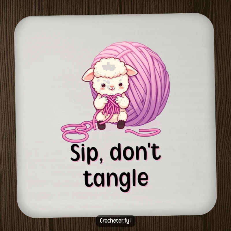 Funny Sheep Coaster showing a small, fluffy sheep character comically ensnared by a tangled ball of yarn, a humorous and functional accessory.
