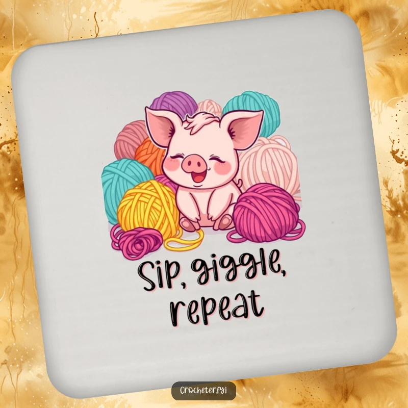 Funny giggling piglet with yarn on a drink coaster, a cute and humorous way to protect surfaces.