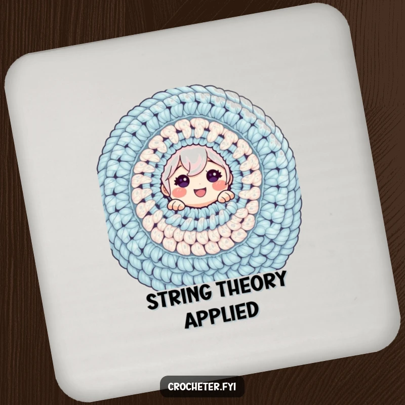 Funny coaster showing a cheerful character emerging from a gigantic crochet project, ideal for protecting furniture.
