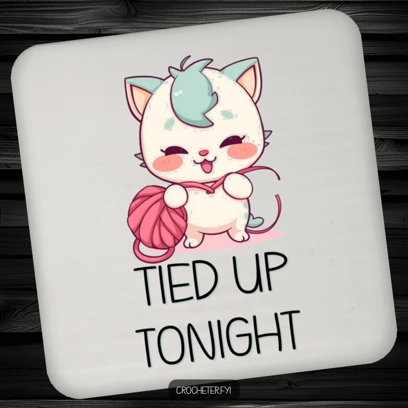 Funny coaster featuring a playful character with a mischievous grin tangling yarn into a knot, perfect for protecting surfaces.