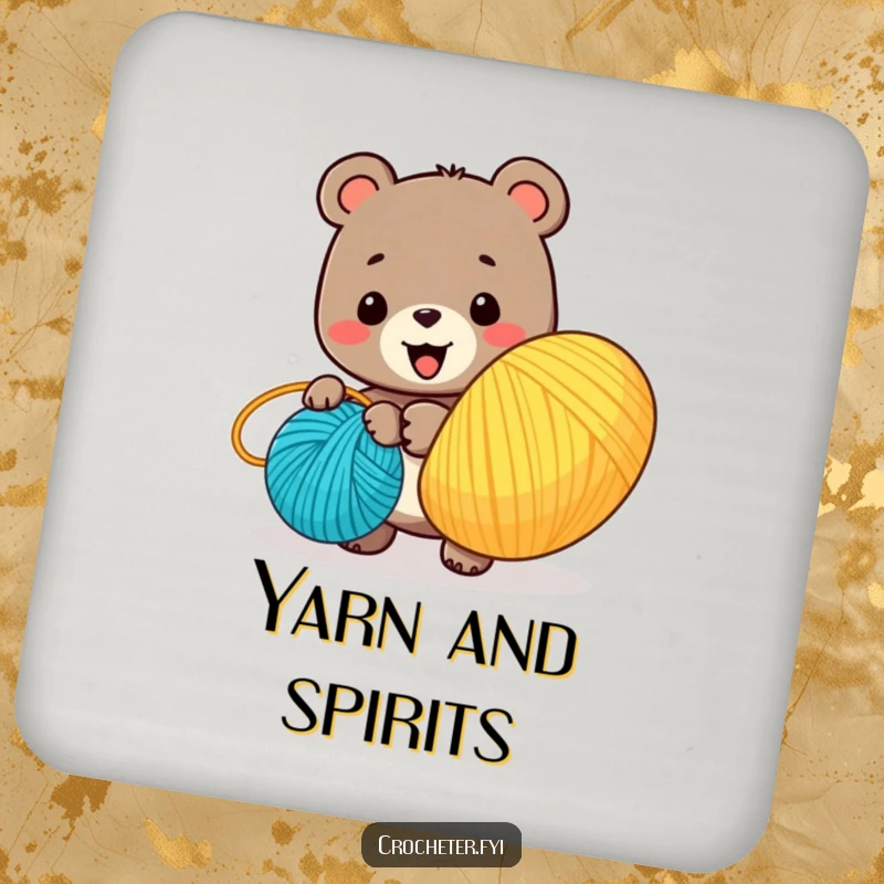 Funny drink coaster with a happy bear character winding a ball of yarn, providing surface protection with a cute design.