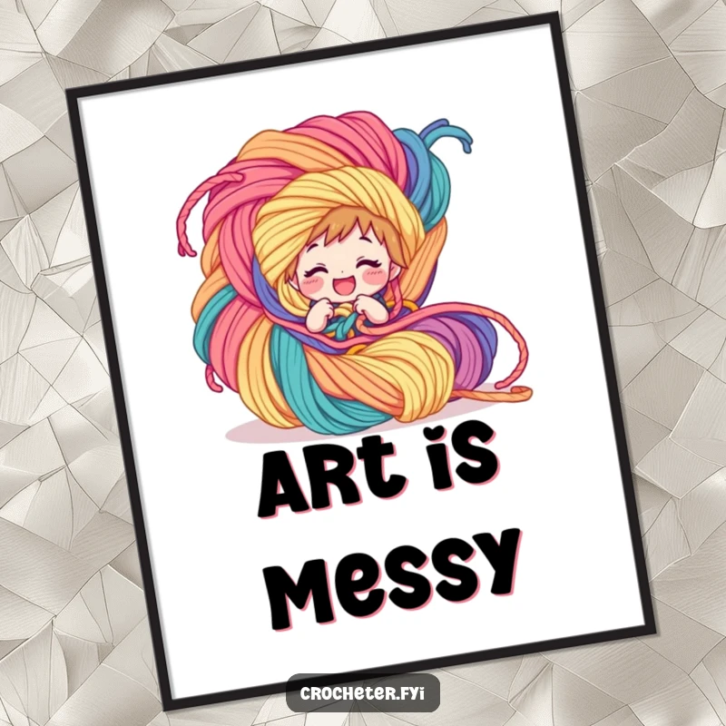 Funny Poster: A giggling character is comically tangled in a huge, colorful yarn creation, adding whimsical humor to decor.