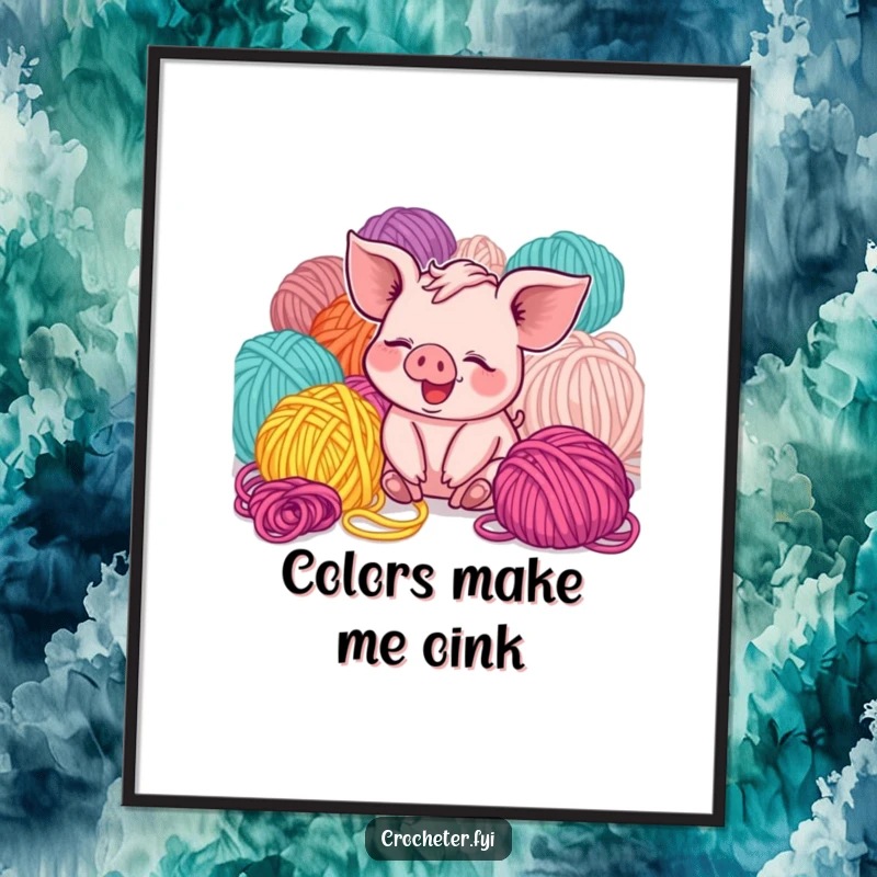 Funny giggling piglet surrounded by colorful yarn, depicted on a poster for humorous and cute wall art.