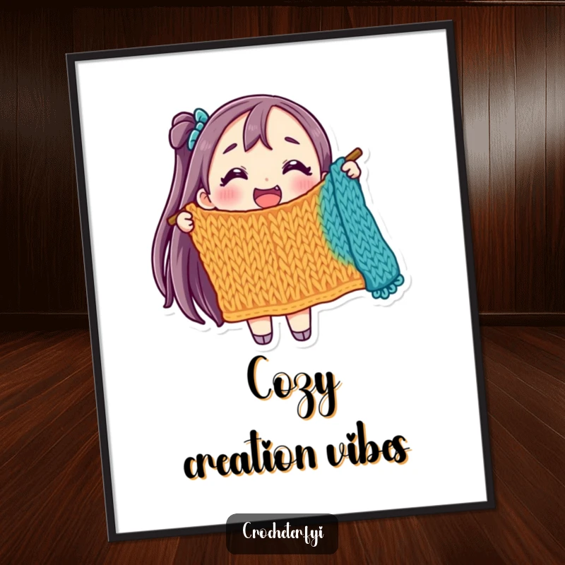 Funny poster art of a joyful character holding a colorful, partially knitted item, radiating happiness and creativity.