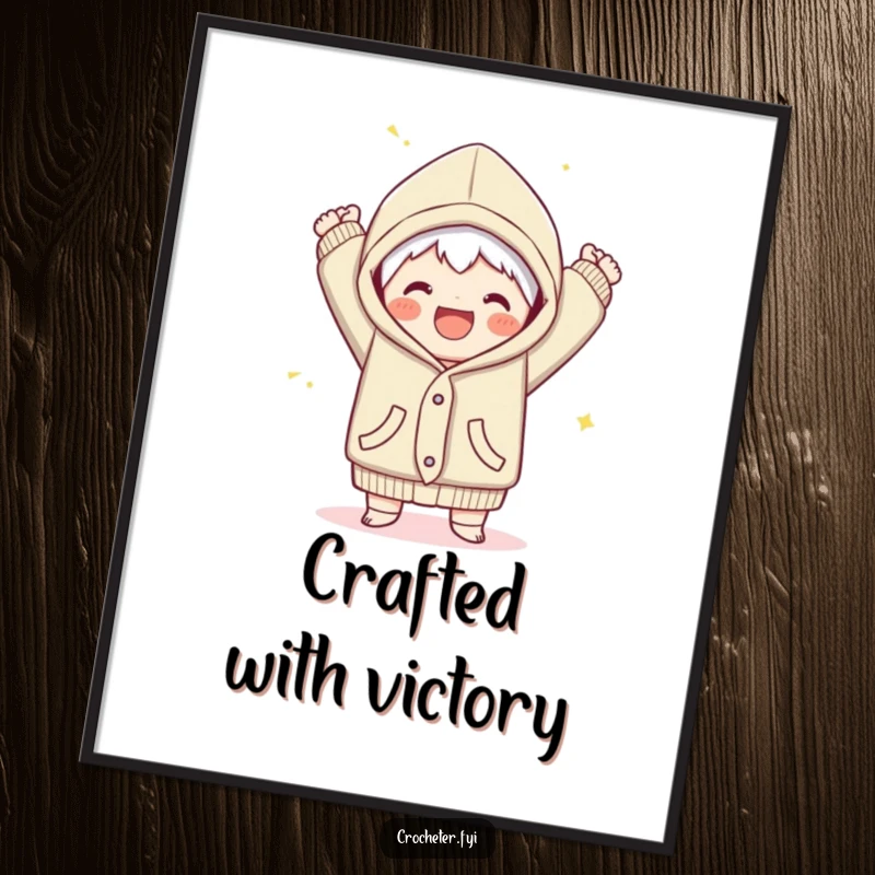 Funny poster displaying a joyful character finishing a cozy garment with a triumphant flourish, celebrating crafting success humorously.