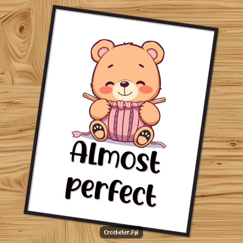 Funny whimsical bear smiling contentedly at a nearly finished knitted item, a charming and humorous wall art.