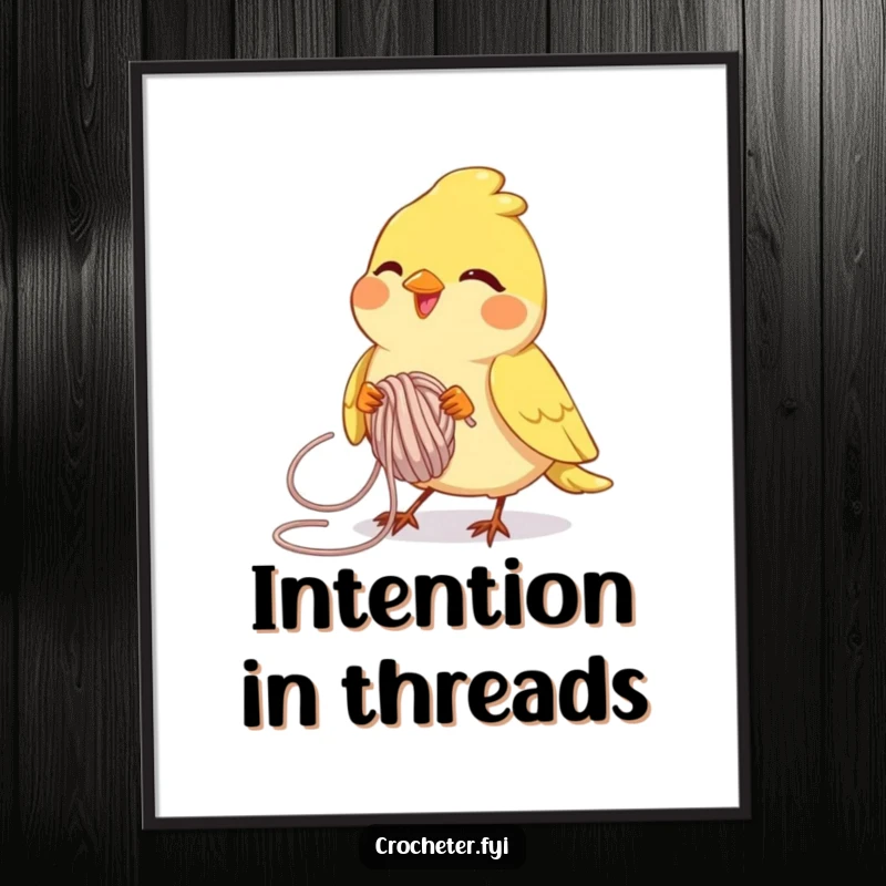 Funny joyful bird skillfully looping yarn with intense focus, a humorous and artistic wall art piece.