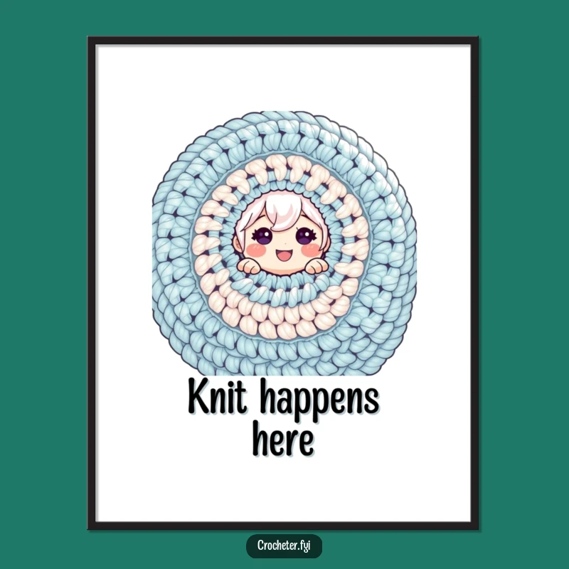Funny Crochet Art Poster - Cheerful Character Behind Giant Yarn Project, Whimsical Decor Gift