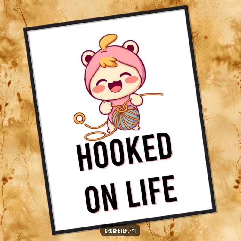 Funny poster art of a cheerful character enthusiastically crocheting with a hook and yarn, perfect for adding vibrant decor.