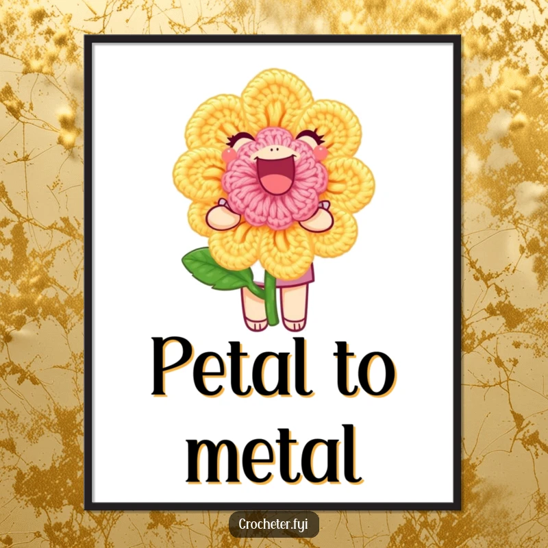 Funny Poster: A joyful character proudly displays a perfectly formed crochet flower, adding handmade charm to any room.