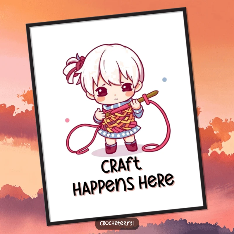 Funny Poster showing a determined character using a crochet hook with precision on colorful yarn threads, a piece of crafting art.